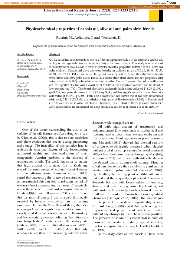 (PDF) Physicochemical properties of canola oil, olive oil and palm