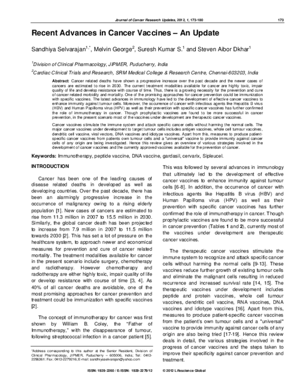 (PDF) Recent Advances in Cancer Vaccines – An Update