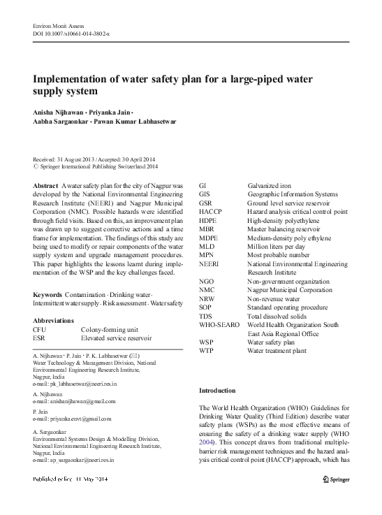 (PDF) Implementation of water safety plan for a largepiped water