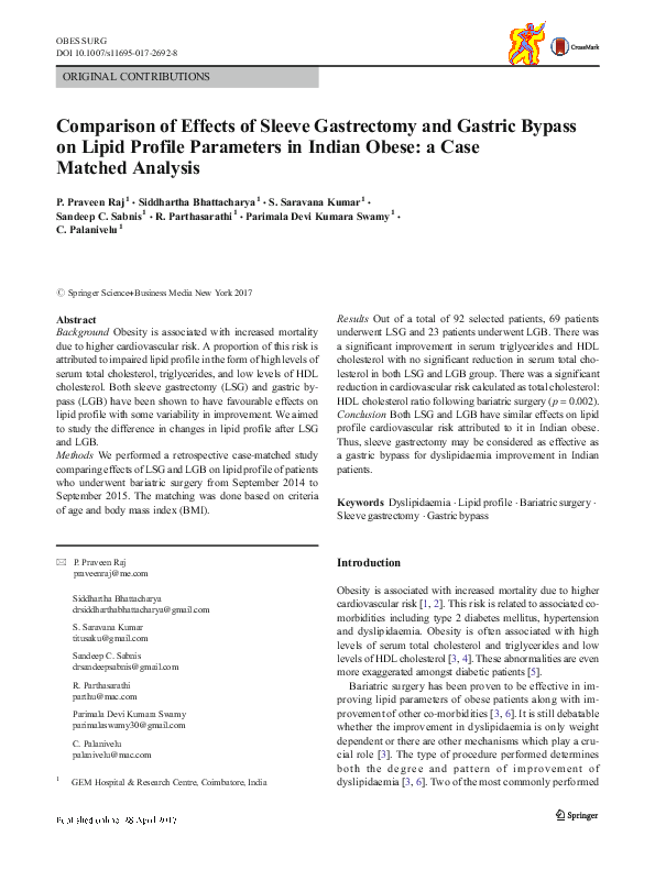 (PDF) Comparison of Effects of Sleeve Gastrectomy and Gastric Bypass on ...