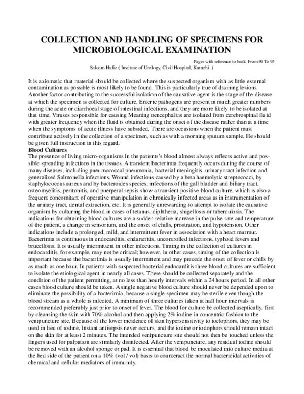 (PDF) Collection and handling of specimens for microbiological