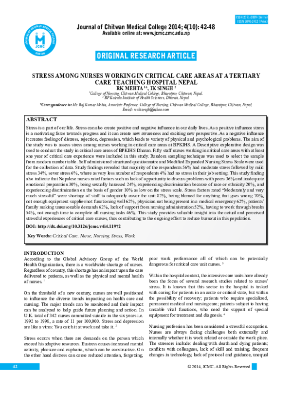 (PDF) Stress among nurses working in critical care areas at a tertiary ...