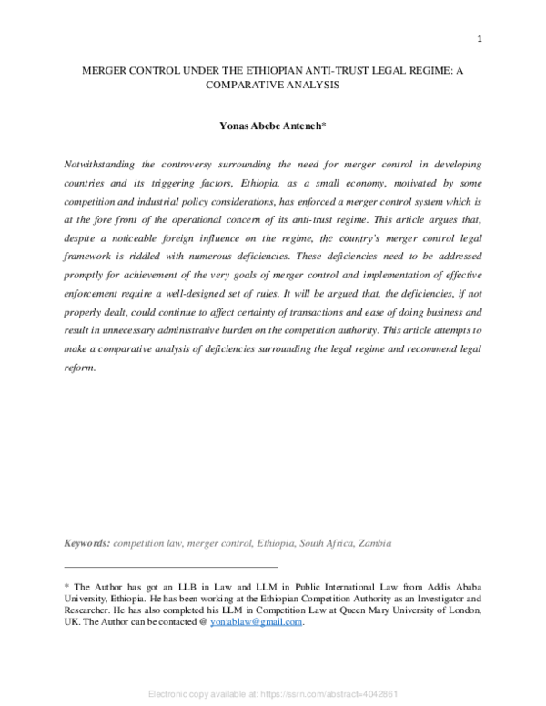 (PDF) MERGER CONTROL UNDER THE ETHIOPIAN ANTI-TRUST LEGAL REGIME: A ...