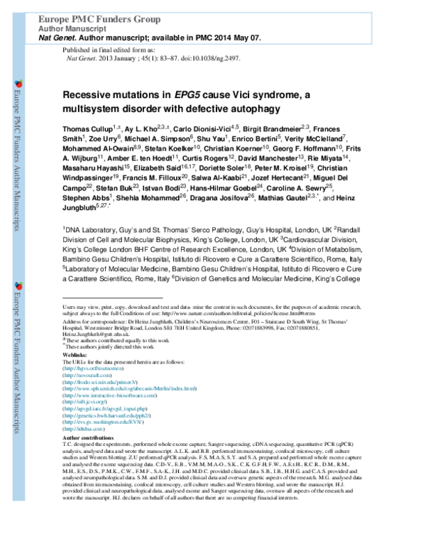 (PDF) Recessive mutations in EPG5 cause Vici syndrome, a multisystem ...