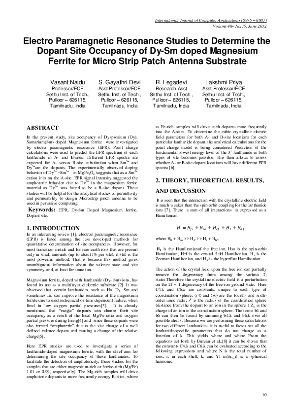 Electro Paramagnetic Resonance Studies to Determine the Dopant site Occupancy of Dy-Sm doped Magnesium Ferrite for Micro Strip Patch Antenna Substrate