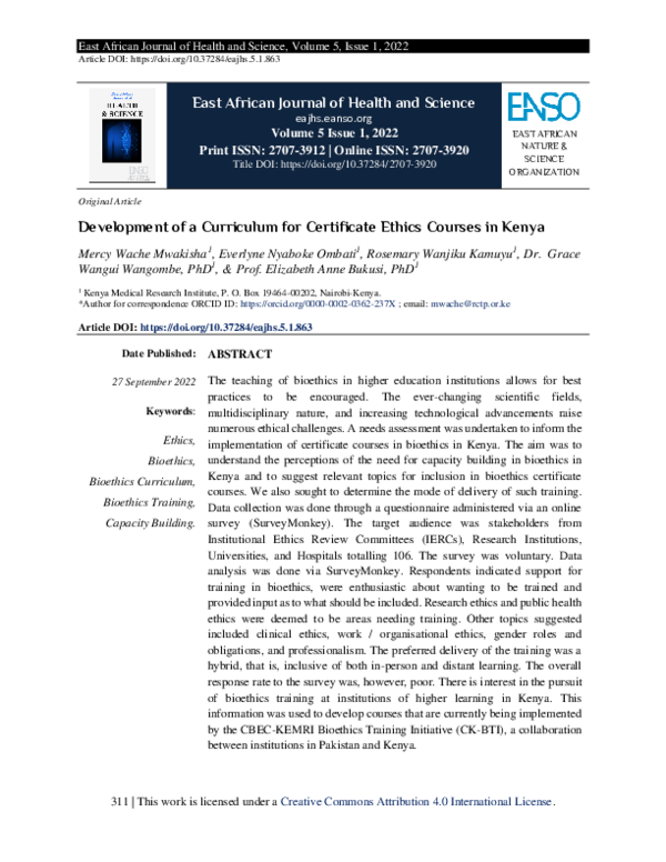 (PDF) Development of a Curriculum for Certificate Ethics Courses in Kenya