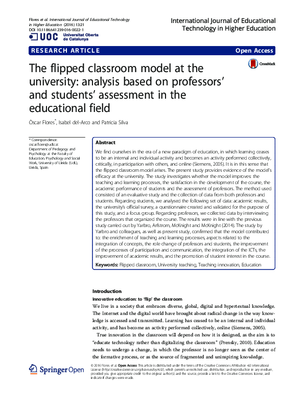 (PDF) The flipped classroom model at the university: analysis based on ...
