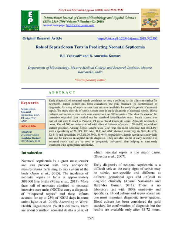 (PDF) Role of Sepsis Screen Tests in Predicting Neonatal Septicemia