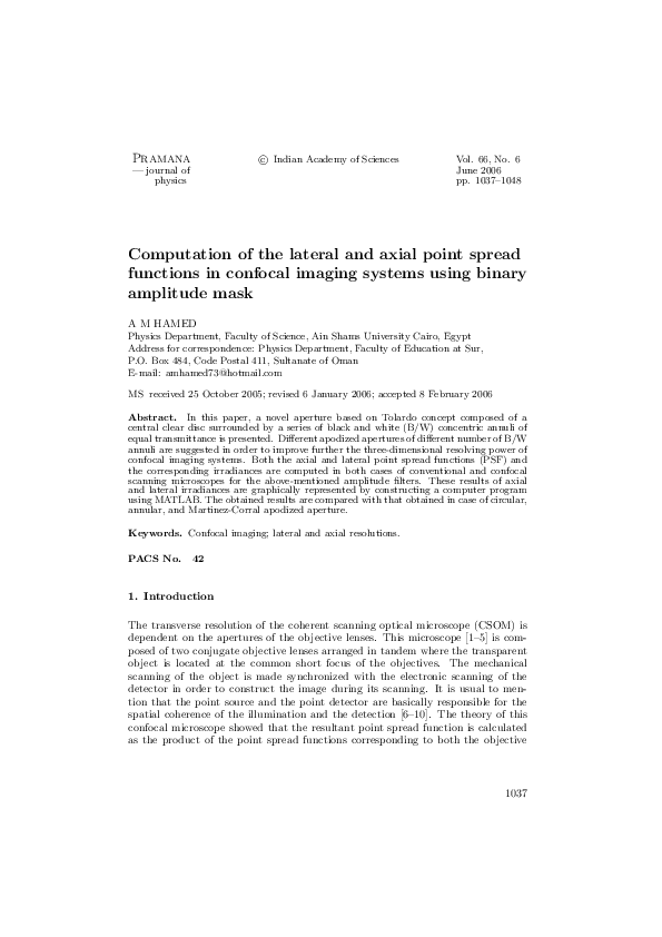 (PDF) Computation of the lateral and axial point spread functions in ...