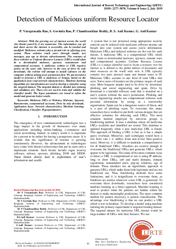 (PDF) Detection of Malicious uniform Resource Locator