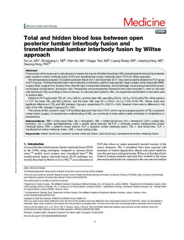 (PDF) Total and hidden blood loss between open posterior lumbar ...
