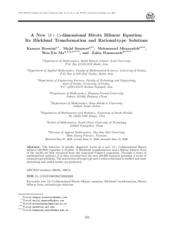 (PDF) A New $$(3+1)$$-dimensional Hirota Bilinear Equation: Its ...