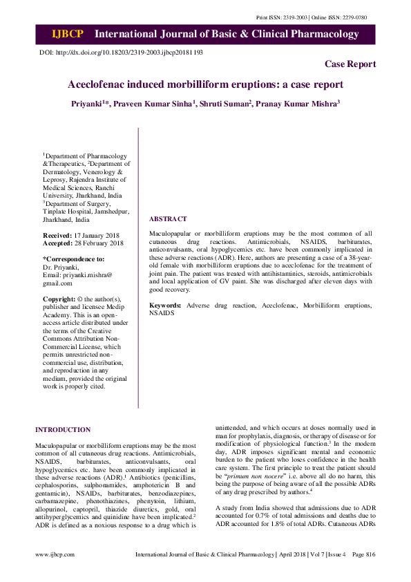 (PDF) Aceclofenac induced morbilliform eruptions: a case report