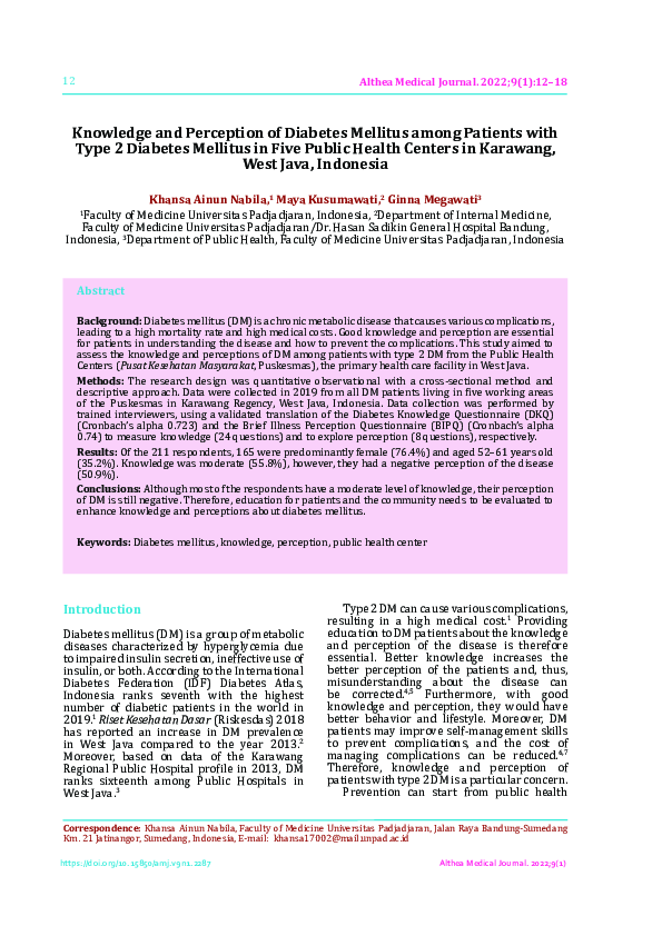 (PDF) Knowledge and Perception of Diabetes Mellitus among Patients with ...