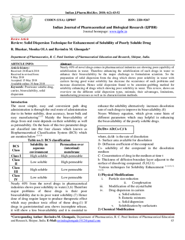 (PDF) Review: Solid Dispersion Technique for Enhancement of Solubility ...