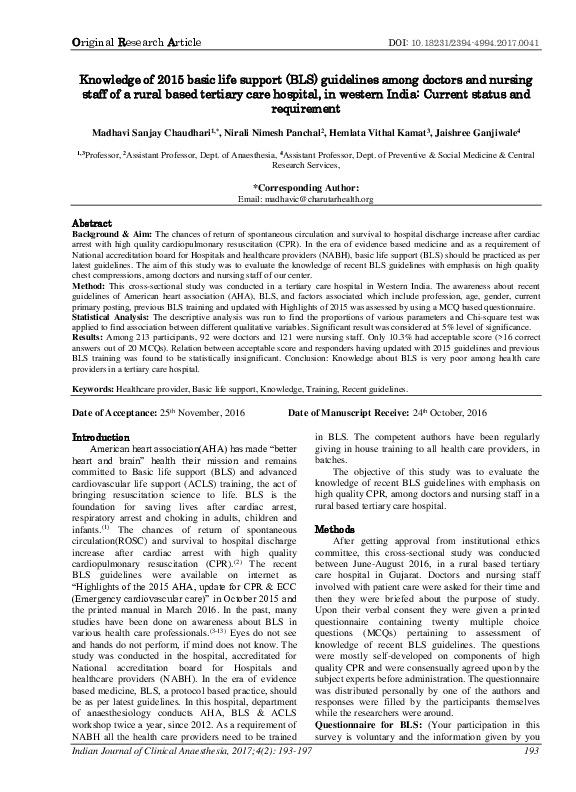 (PDF) Knowledge of 2015 basic life support (BLS) guidelines among ...