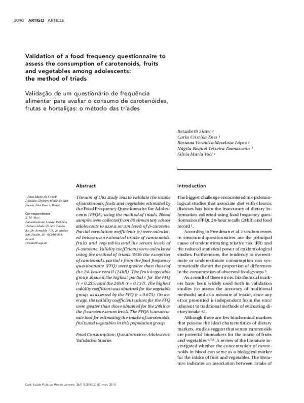 (PDF) Validation of a food frequency questionnaire to assess the ...