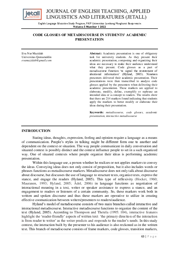 (PDF) Code Glosses of Metadiscourse in Students’ Academic Presentation