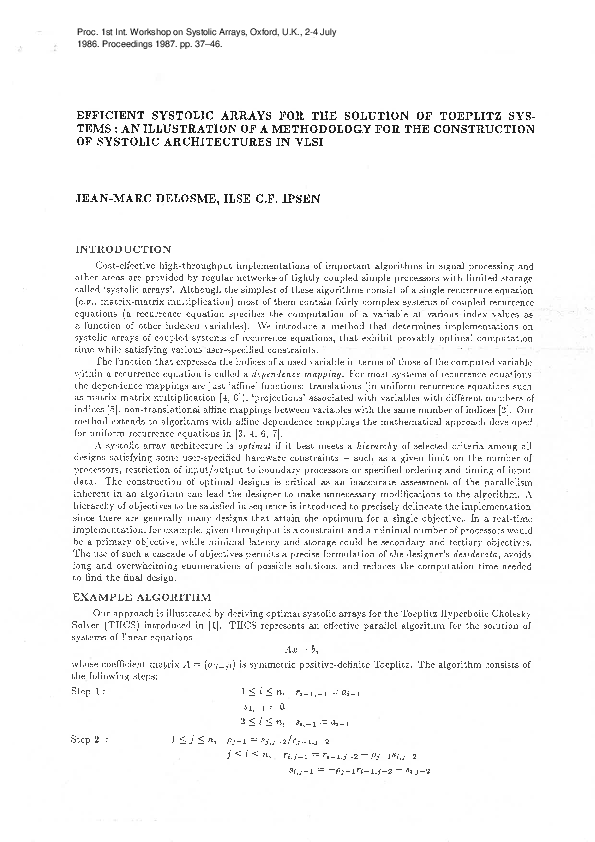 (PDF) EFFICIENT SYSTOLIC ARRAYS FOR THE SOLUTION OF TOEPLITZ SYSTEMS ...