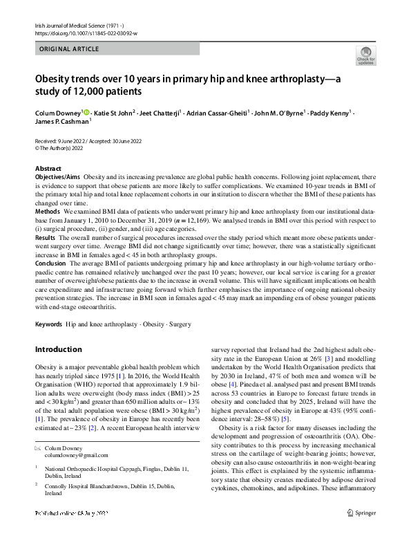 (PDF) Obesity trends over 10 years in primary hip and knee arthroplasty ...