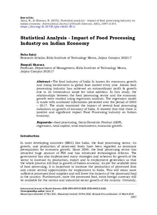 (PDF) Statistical analysis impact of food processing industry on
