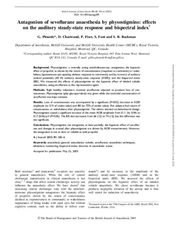 Antagonism of sevoflurane anaesthesia by physostigmine: effects on the auditory steady-state response and bispectral index †