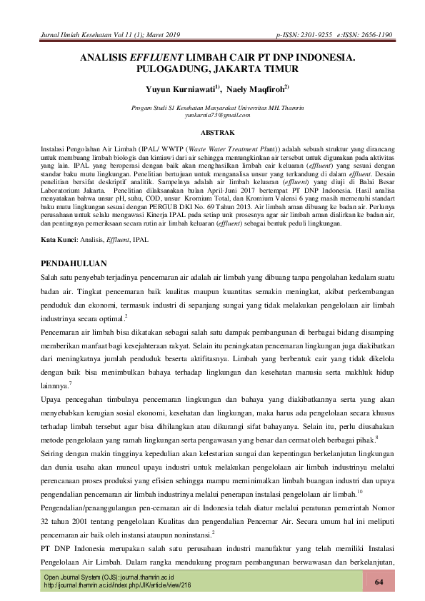 (PDF) Analisis Effluent Limbah Cair PT DNP Indonesia. Pulogadung