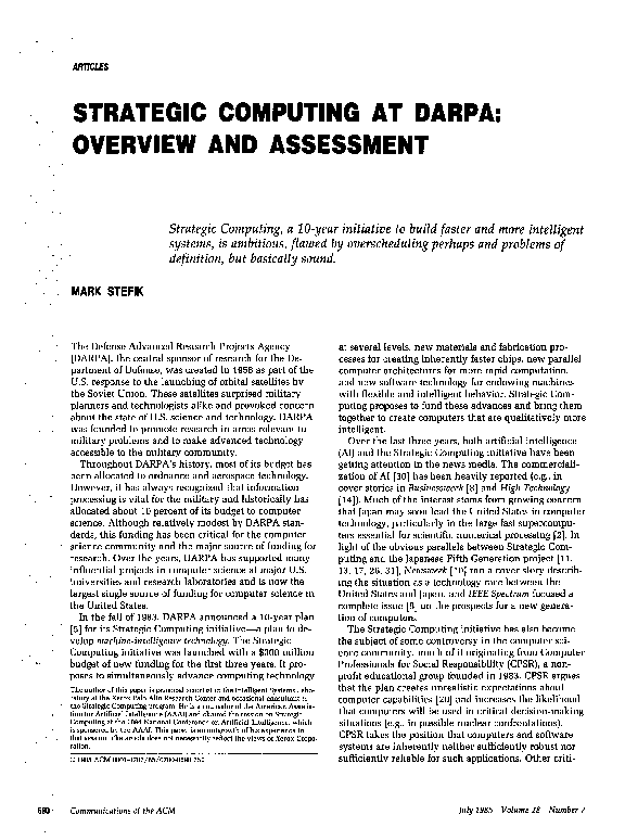 (PDF) Strategic computing at DARPA: overview and assessment