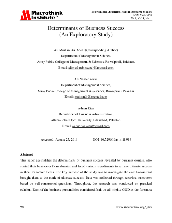 (PDF) Determinants of Business Success (An Exploratory Study)