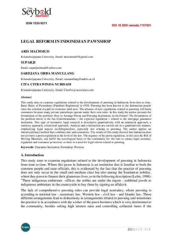 (PDF) Legal Reform in Indonesian Pawnshop