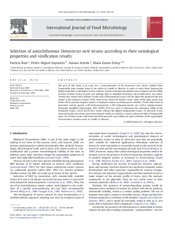(PDF) Selection of autochthonous Oenococcus oeni strains according to ...