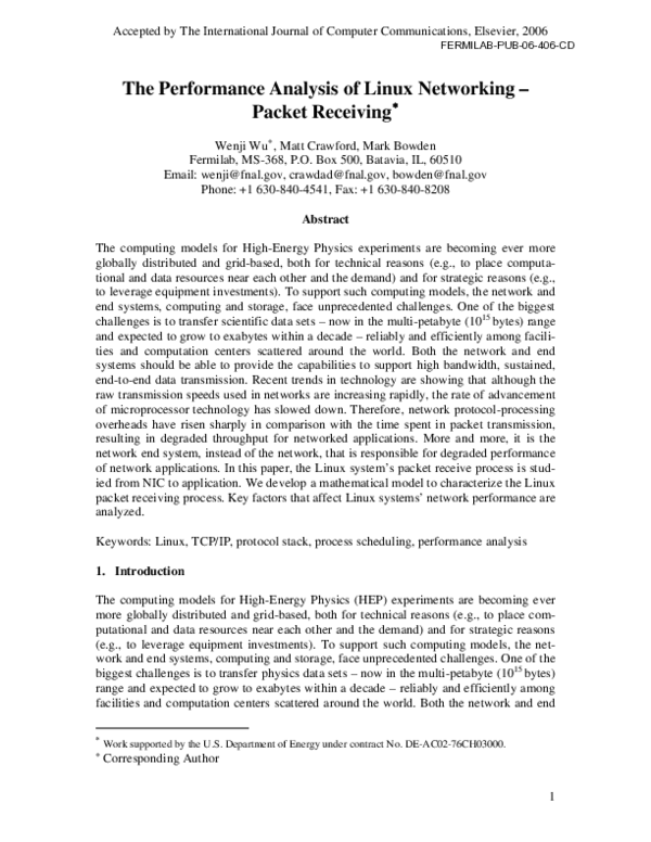 (PDF) The performance analysis of linux networking – Packet receiving