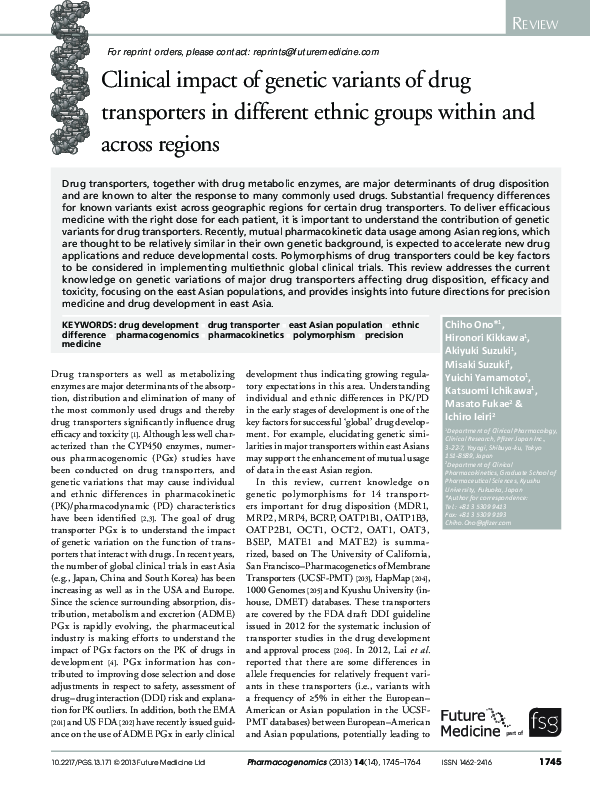 (PDF) Clinical impact of genetic variants of drug transporters in ...