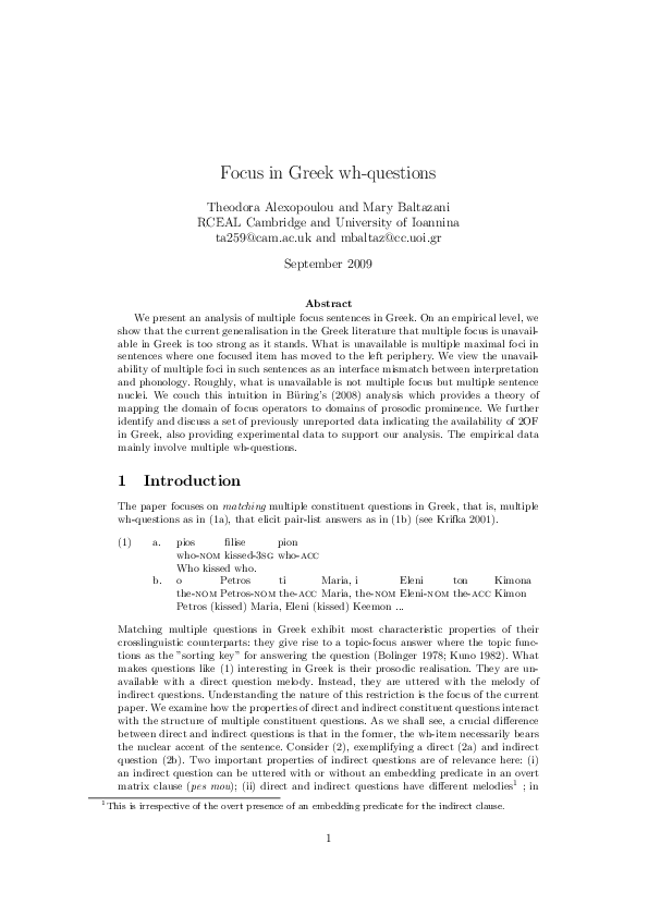 (PDF) Focus in Greek wh-questions