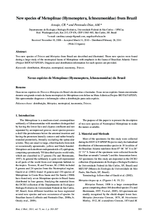 (PDF) New species of Metopiinae (Hymenoptera, Ichneumonidae) from Brazil