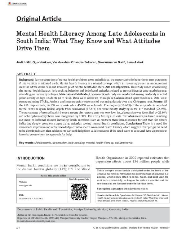 (PDF) Mental Health Literacy Among Late Adolescents in South India ...