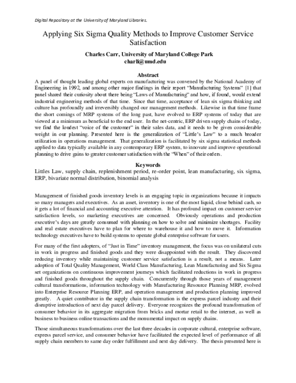 (PDF) Applying Six Sigma Quality Methods to Improve Customer Service ...
