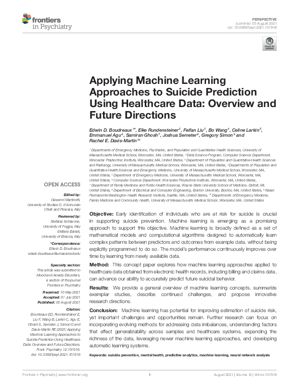 (PDF) Applying Machine Learning Approaches to Suicide Prediction Using ...