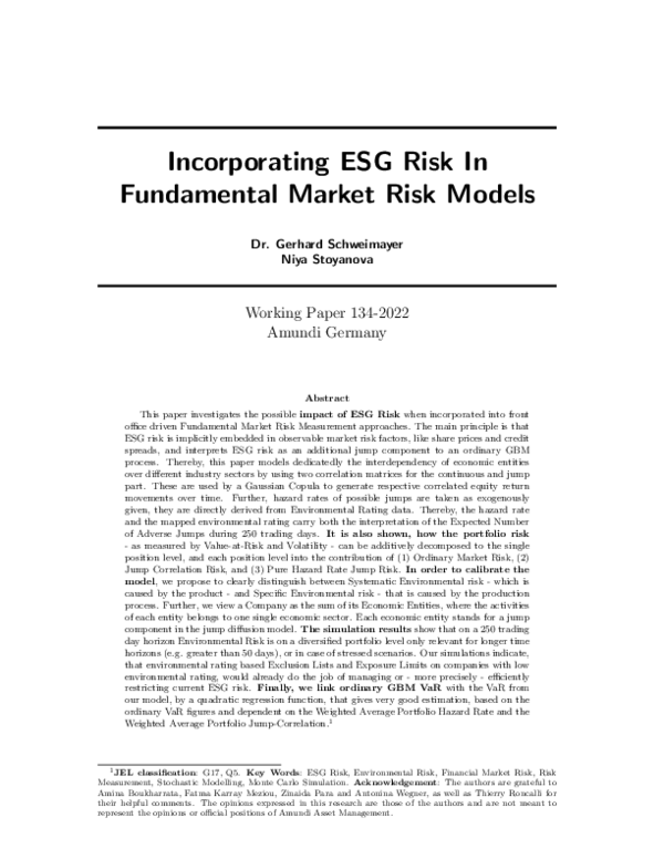 (PDF) Incorporating ESG Risk In Fundamental Market Risk Models