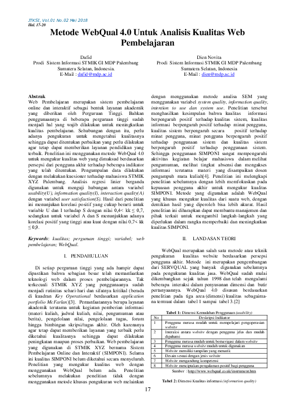 (PDF) Metode WebQual 4.0 Untuk Analisis Kualitas Web Pembelajaran