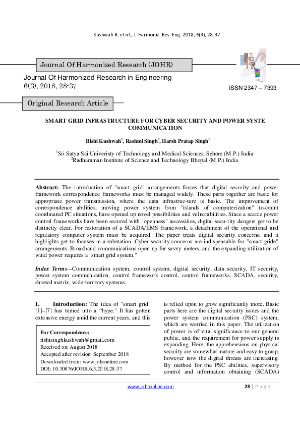 (PDF) Smart Grid Infrastructure for Cyber Security and Power Syste ...
