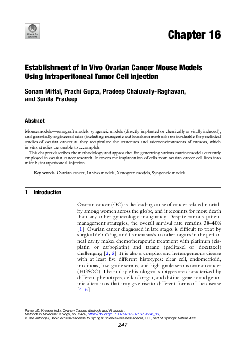 (PDF) Establishment of In Vivo Ovarian Cancer Mouse Models Using ...