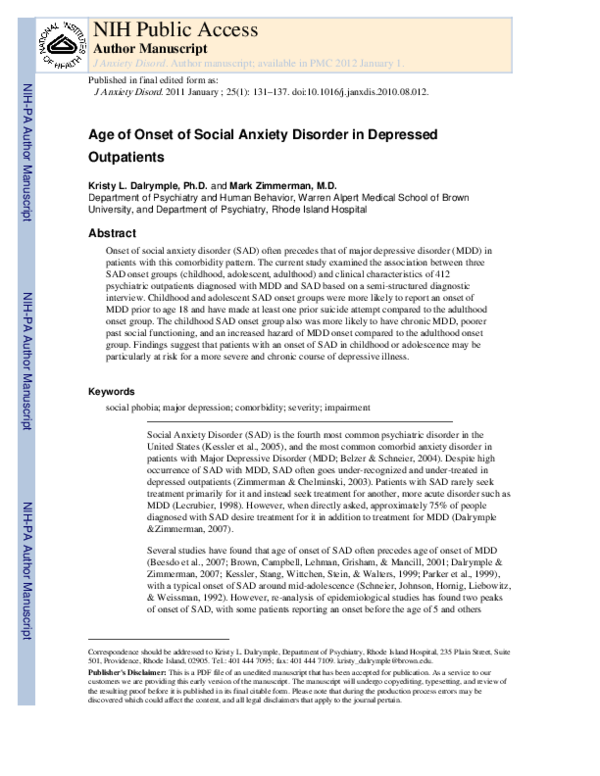 (PDF) Age of onset of social anxiety disorder in depressed outpatients