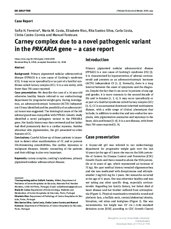 (PDF) Carney complex due to a novel pathogenic variant in the PRKAR1A ...