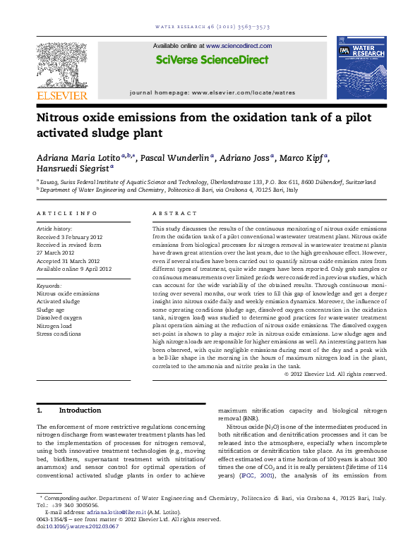 (PDF) Nitrous oxide emissions from the oxidation tank of a pilot ...