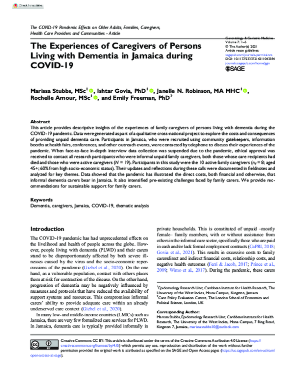 (PDF) The Experiences of Caregivers of Persons Living with Dementia in ...