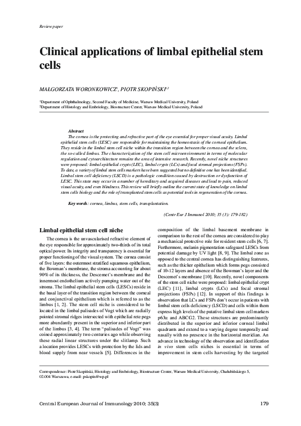 (PDF) Review paper Clinical applications of limbal epithelial stem cells