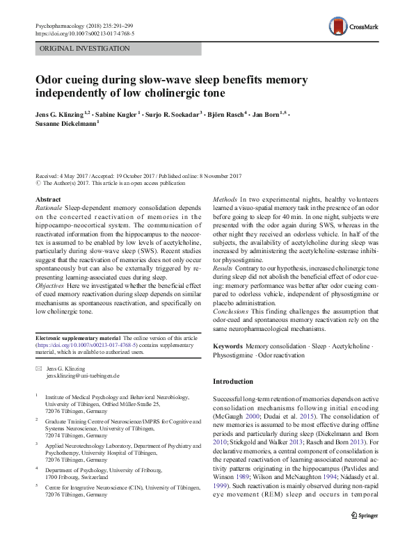 (PDF) Odor cueing during slow-wave sleep benefits memory independently ...
