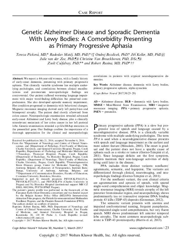 (PDF) Genetic Alzheimer Disease and Sporadic Dementia With Lewy Bodies ...