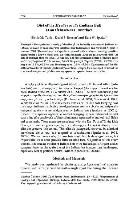 (PDF) Diet of the Myotis sodalis (Indiana Bat) at an Urban/Rural Interface